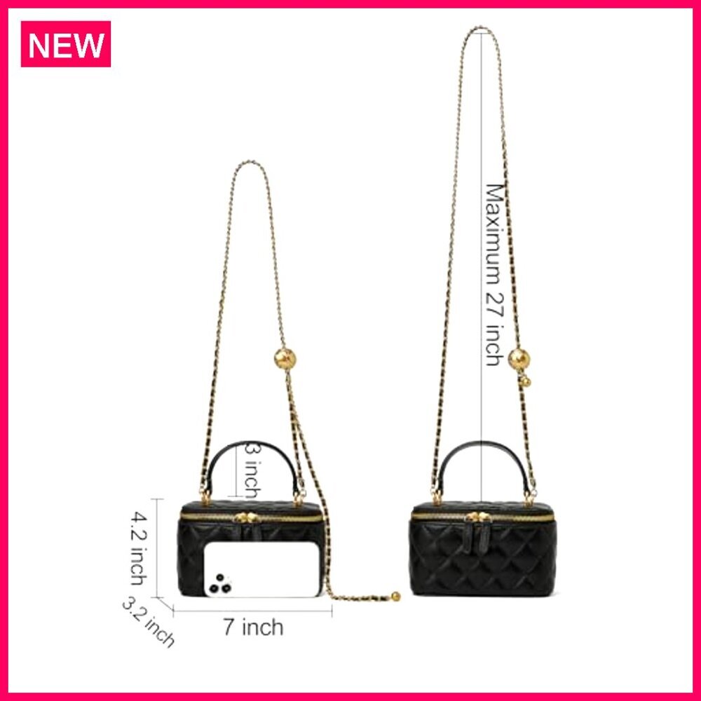Small Quilted Leather Crossbody Bag with Chain Strap Mini Top Handle Pouch - Picture 6 of 8